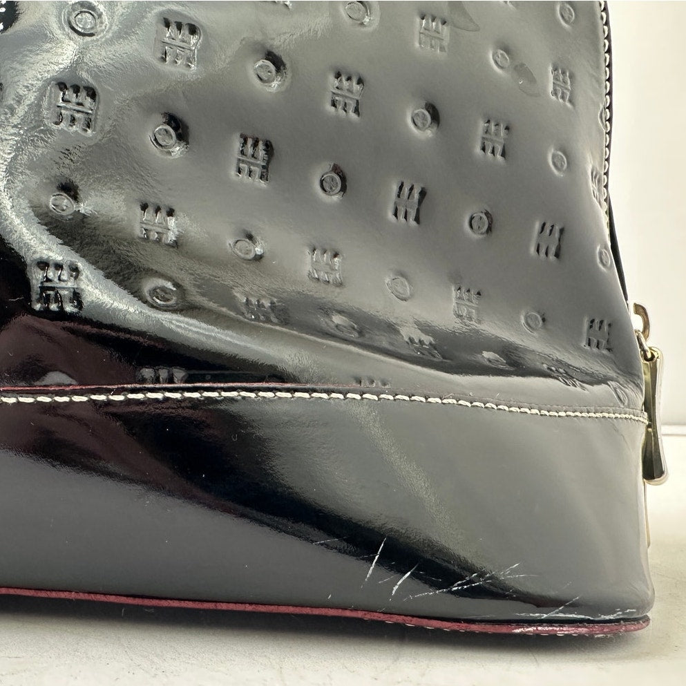 Arcadia Italy Black Patent Leather Leather Embossed Logo Dome Satchel Bag