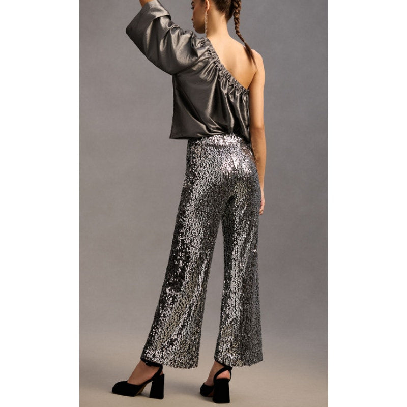 Maeve The Colette Sequin Cropped Wide Leg Silver Pants Women's Sz 28 NWT
