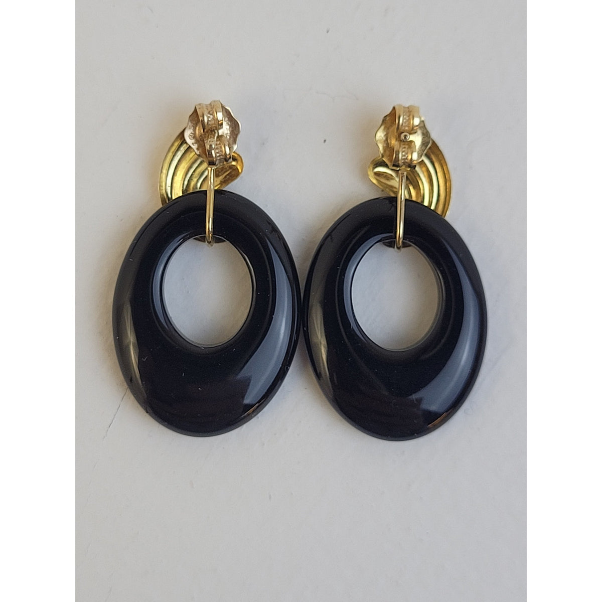 Vintage 14K Yellow Gold & Onyx Drop Dangle Earrings | 27mm Long | 3.19 Grams