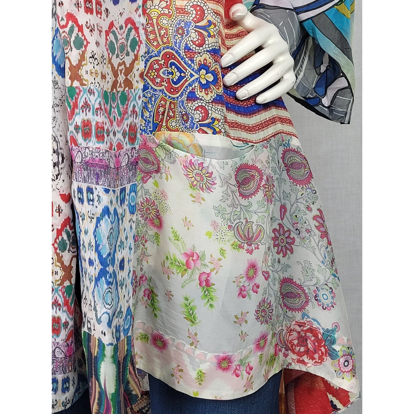 Johnny Was Multicolor Patchwork Silk Kimono Jacket Bohemian Style Sz S