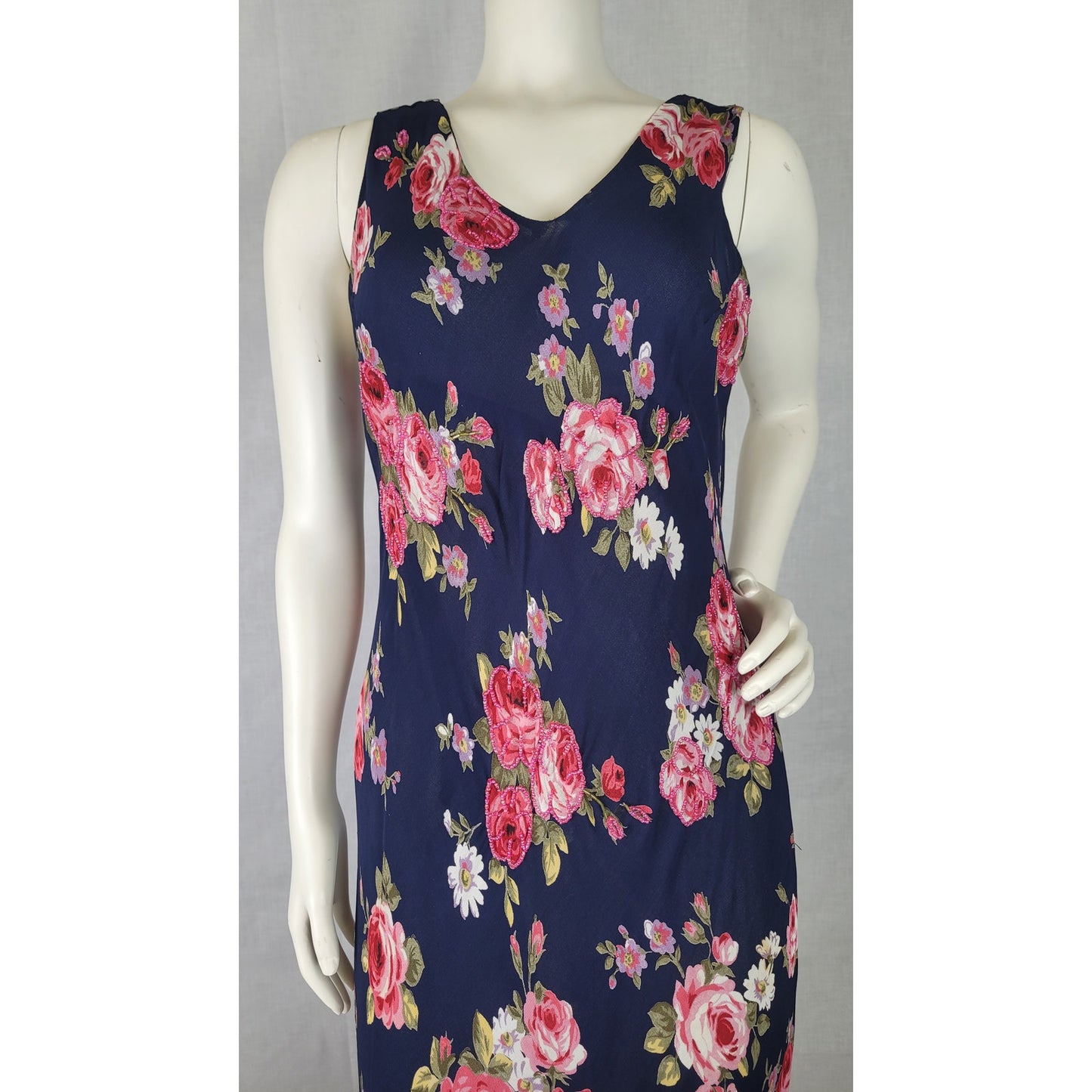 Y2K R&K Originals Bias-Cut Navy Blue Slip Dress Floral Print Beadwork Sz S/M