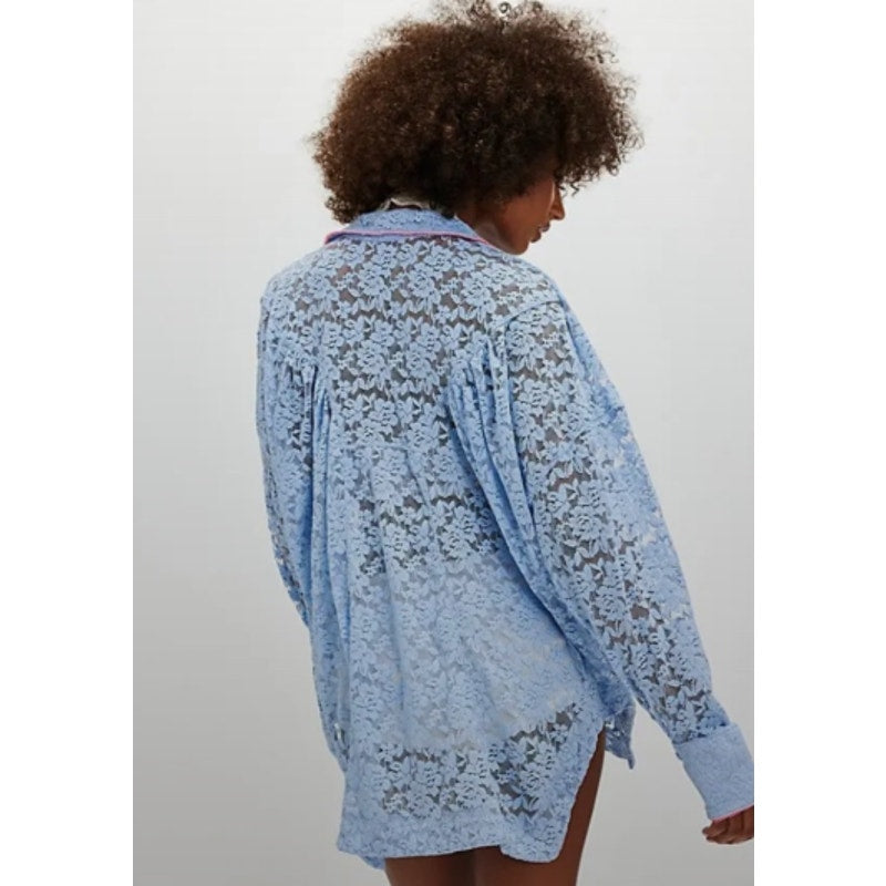 Free People All Day Lace House Shirt Lavender & Pink Women's Sz M