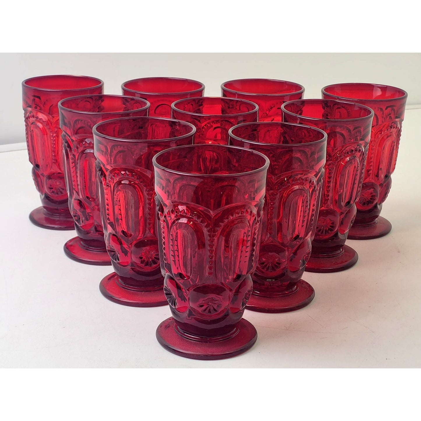 Set of 10- L.E. Smith Moon & Star Glass Ice Tea Glasses Red 5 1/2” Tall Top 3” W