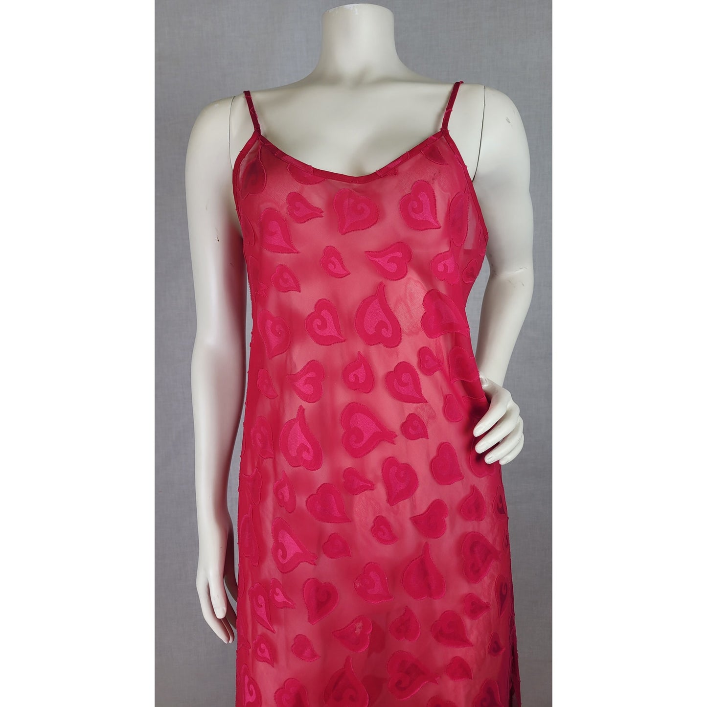 Vintage Y2K Victoria's Secret Long Pink Heart Print Sheer Slip Dress Lingerie Sz M