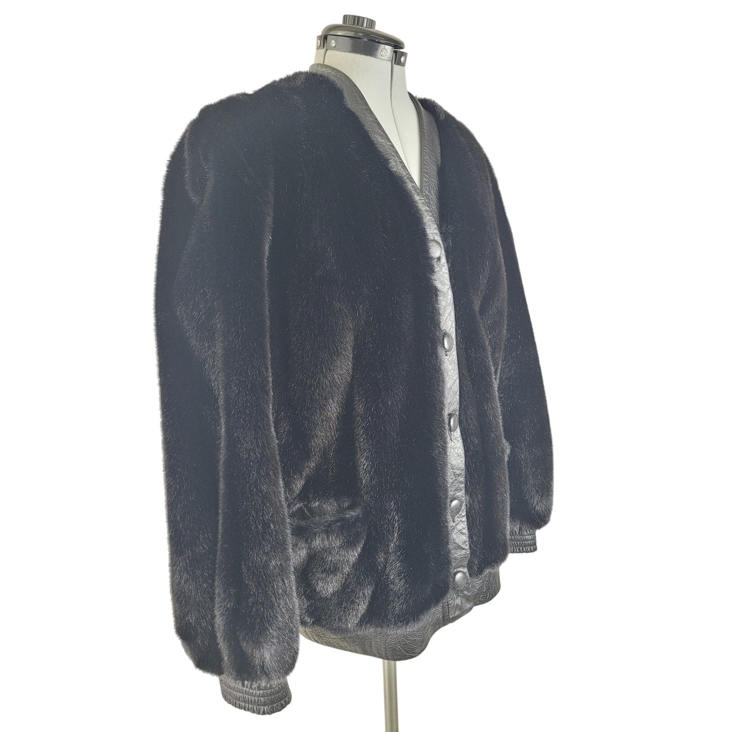 Vintage 1970-80s Adolph Shuman for I.Magnin Faux Fur Jacket Leather Trim Sz S/M