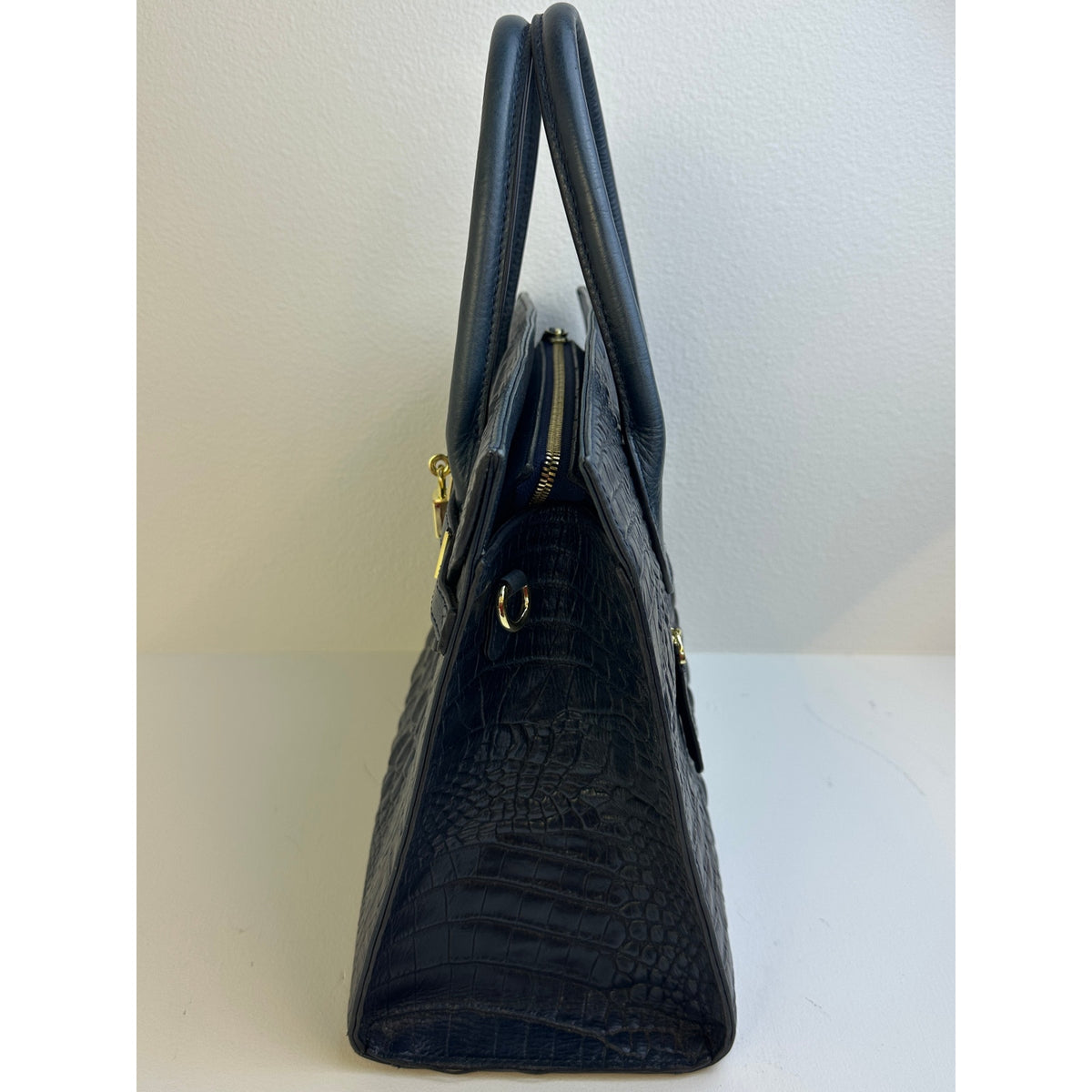 PIJUSHI Dark Blue Crocodile-Embossed Leather Satchel Bag with Gold Hardware