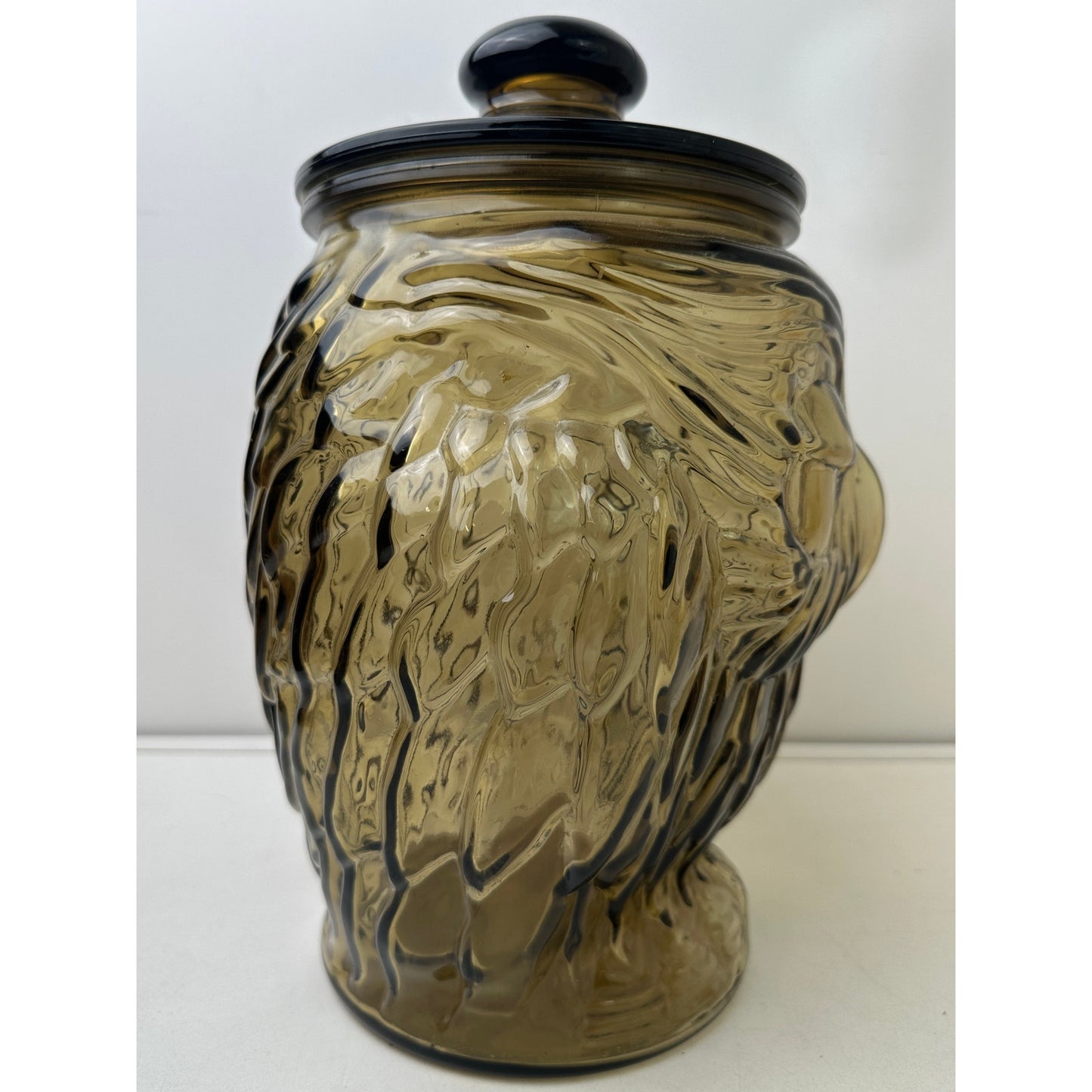 Vintage 70s Libbey Smoked Brown Glass Wise Owl Cookie Jar