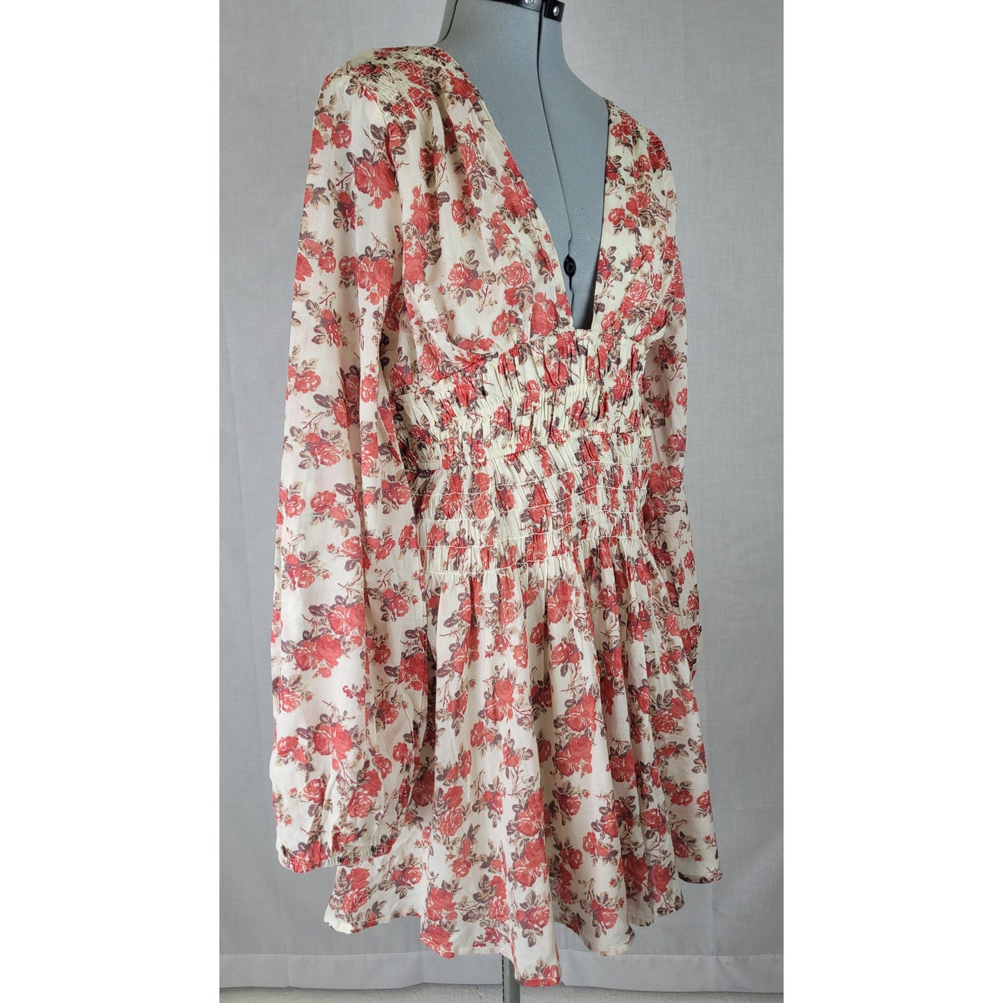 Free People Keep You Mini Dress Red Floral Print Plunging V-neckline Sz L NWT