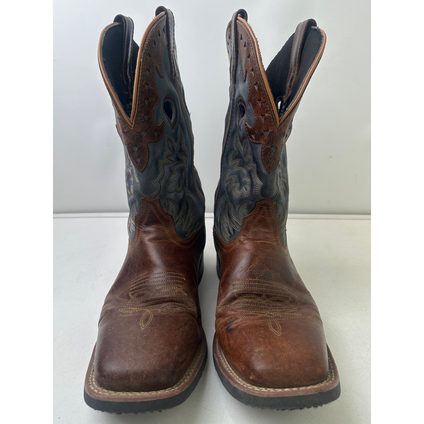 Laredo Ross Tan & Blue Broad Square Toe Western Boots Men's Sz 10.5