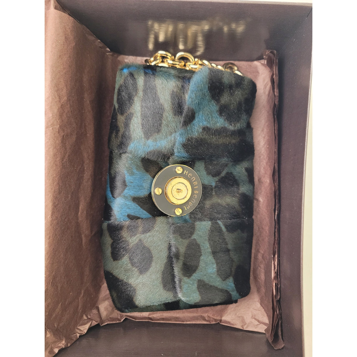 Henri Bendel Milliner Calf Hair Wristlet Clutch Green Blue Multicolor w Box