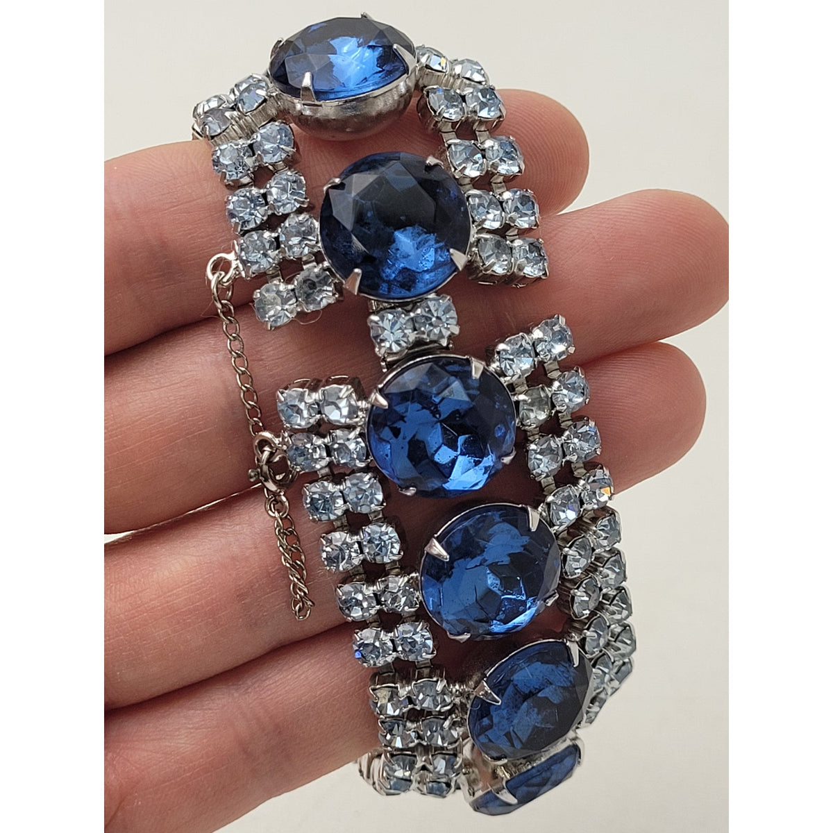 Vintage Blue Rhinestone Hollywood Regency Statement Bracelet & Earrings