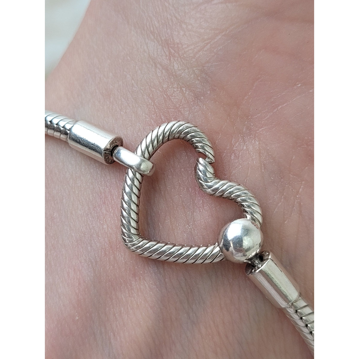 Pandora Moments Heart Closure Snake Chain Bracelet Sterling Silver + Charms