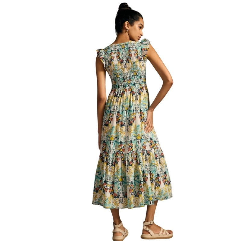 Anthropologie The Peregrine Midi Dress Floral Print Smocked Bodice Sz L