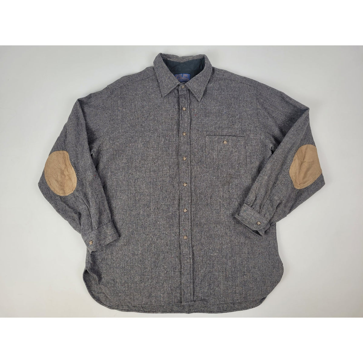 Vintage Pendleton Grey Textured Wool Button-Up Shirt w Elbow Patches Men's Sz XL