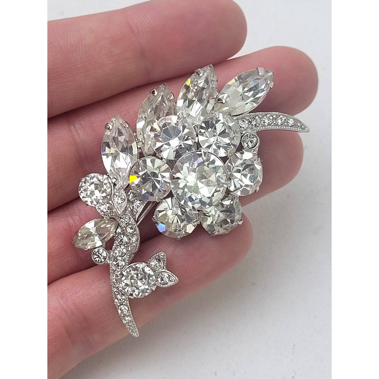 Vintage Signed Eisenberg Rhinestone Flower Spray Brooch in Branded Box