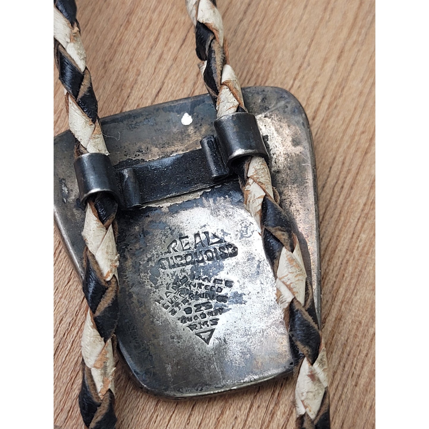 VTG Southwestern Americana Leather Bolo Tie w Etched Sterling Silver & Turquoise