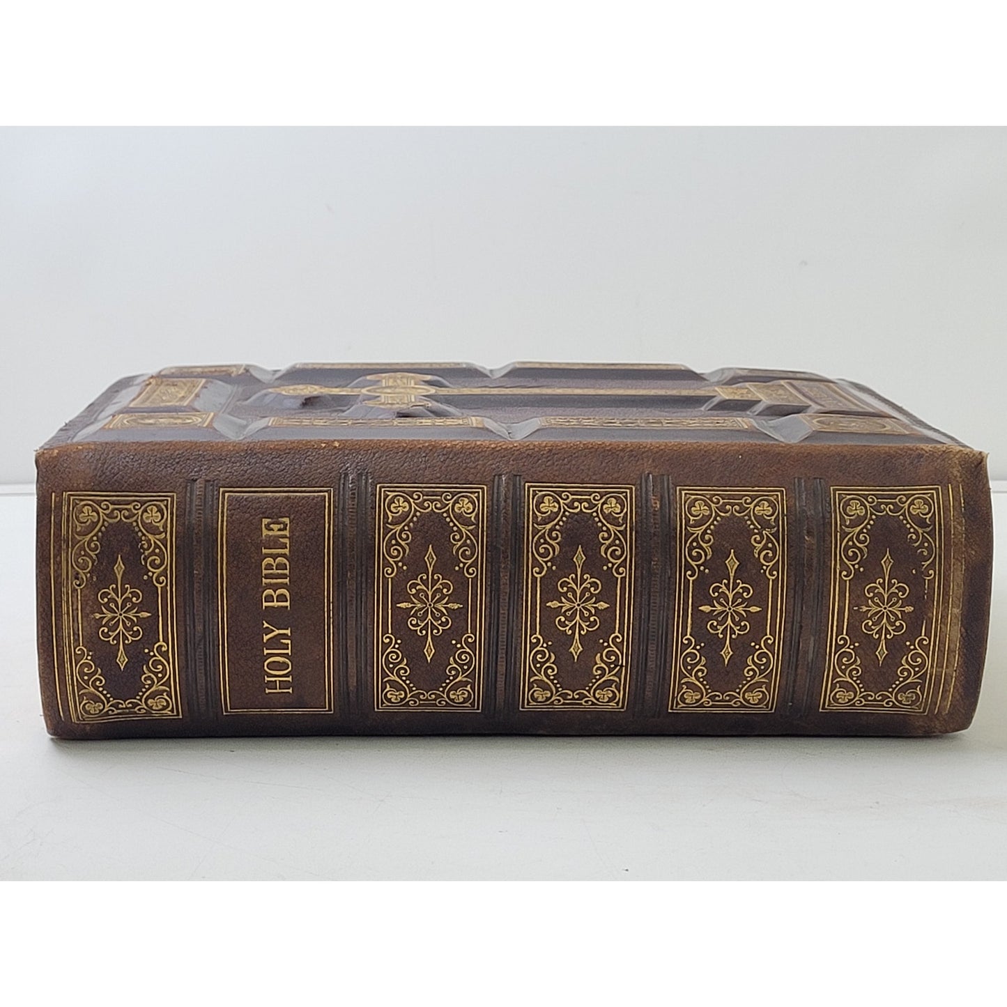 Antique Late 19th Century Catholic Family Bible Leather Binding Gold Accents