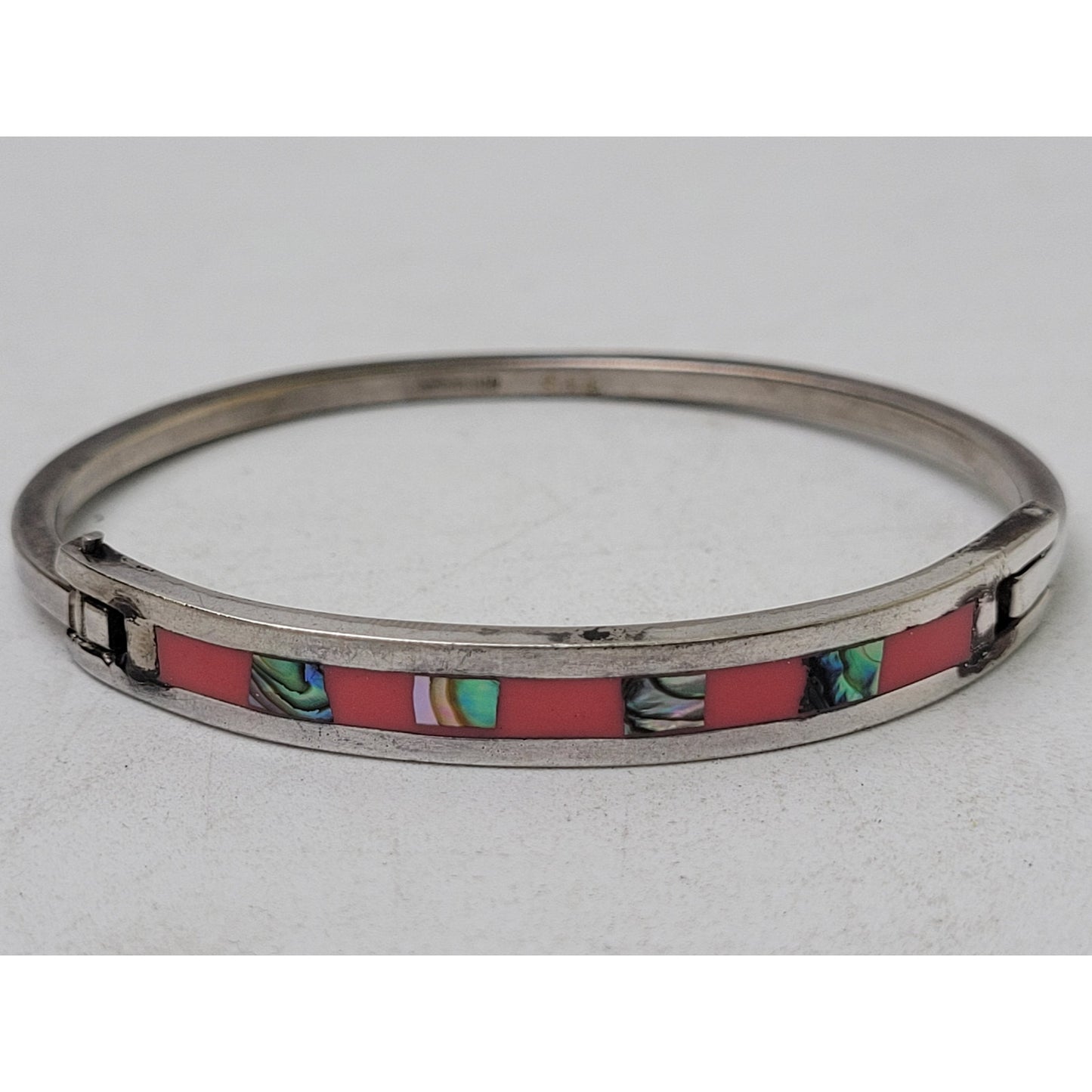 Vintage Sterling Silver Mexican Hinged Bangel Bracelet w Abalone & Pink Enamel