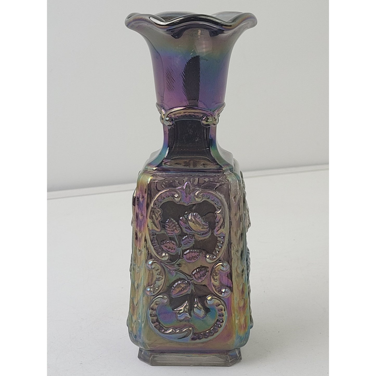 Vintage Amethyst Carnival Glass Jester & Rose Pattern Square Vase EUC