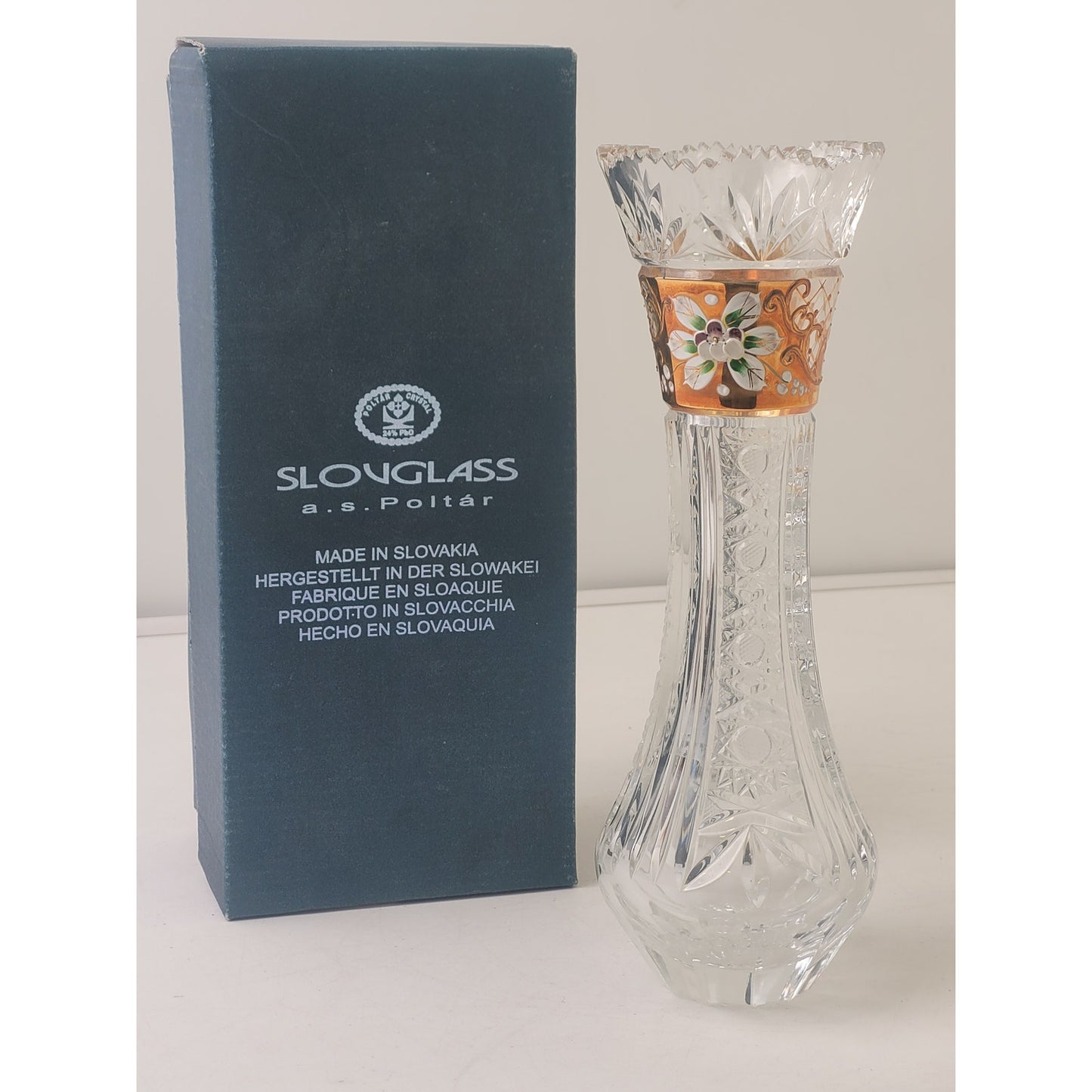 Vintage Poltar Slovakian Lead Crystal Vase Hand Cut Hand Painted 9 1/4"