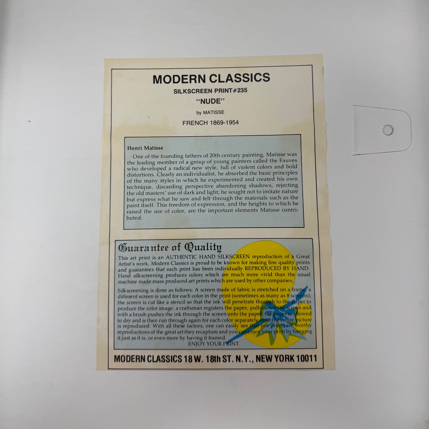 Authentic Hans Silkscreen Reproduction of Henri Matisse "NUDE" Print (FRENCH 1869-1954)