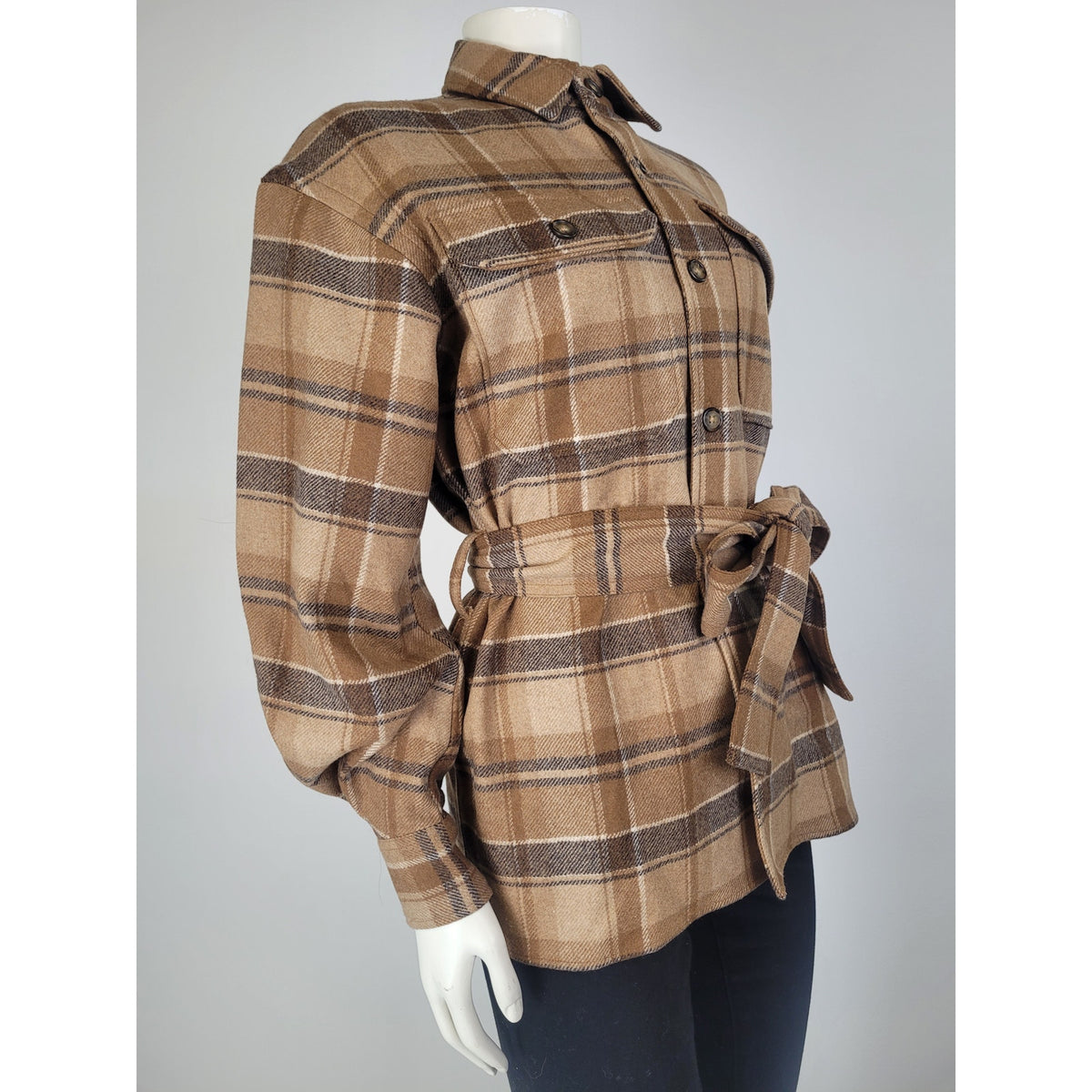 Polo Ralph Lauren Belted Wool-Blend Twill Shirt Brown Multi-Plaid Women's Sz 2