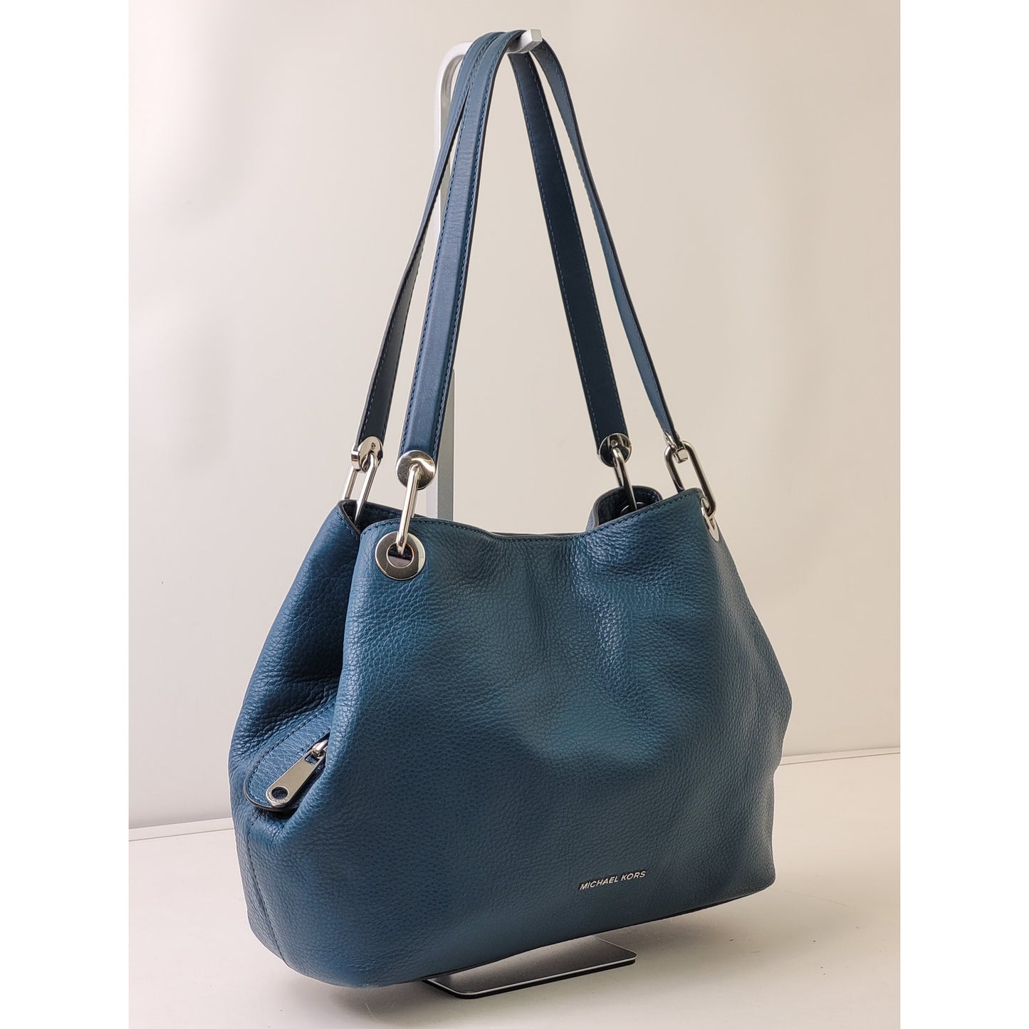 Michael Kors Raven Large Leather Shoulder Bag Blue/Teal w Silver-Tone Hardware