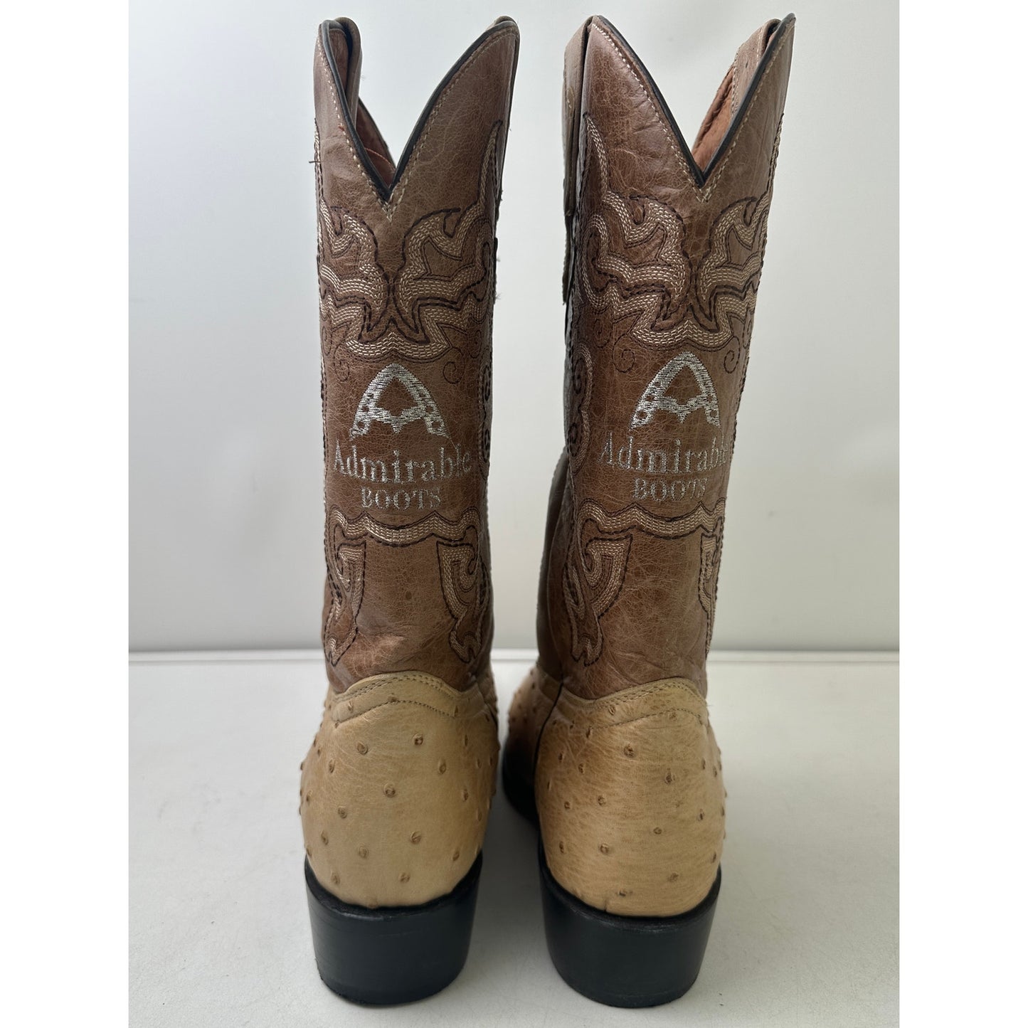 Admirable Handcrafted Ostrich Print Leather J-Toe Cowboy Boots Men's Sz 10