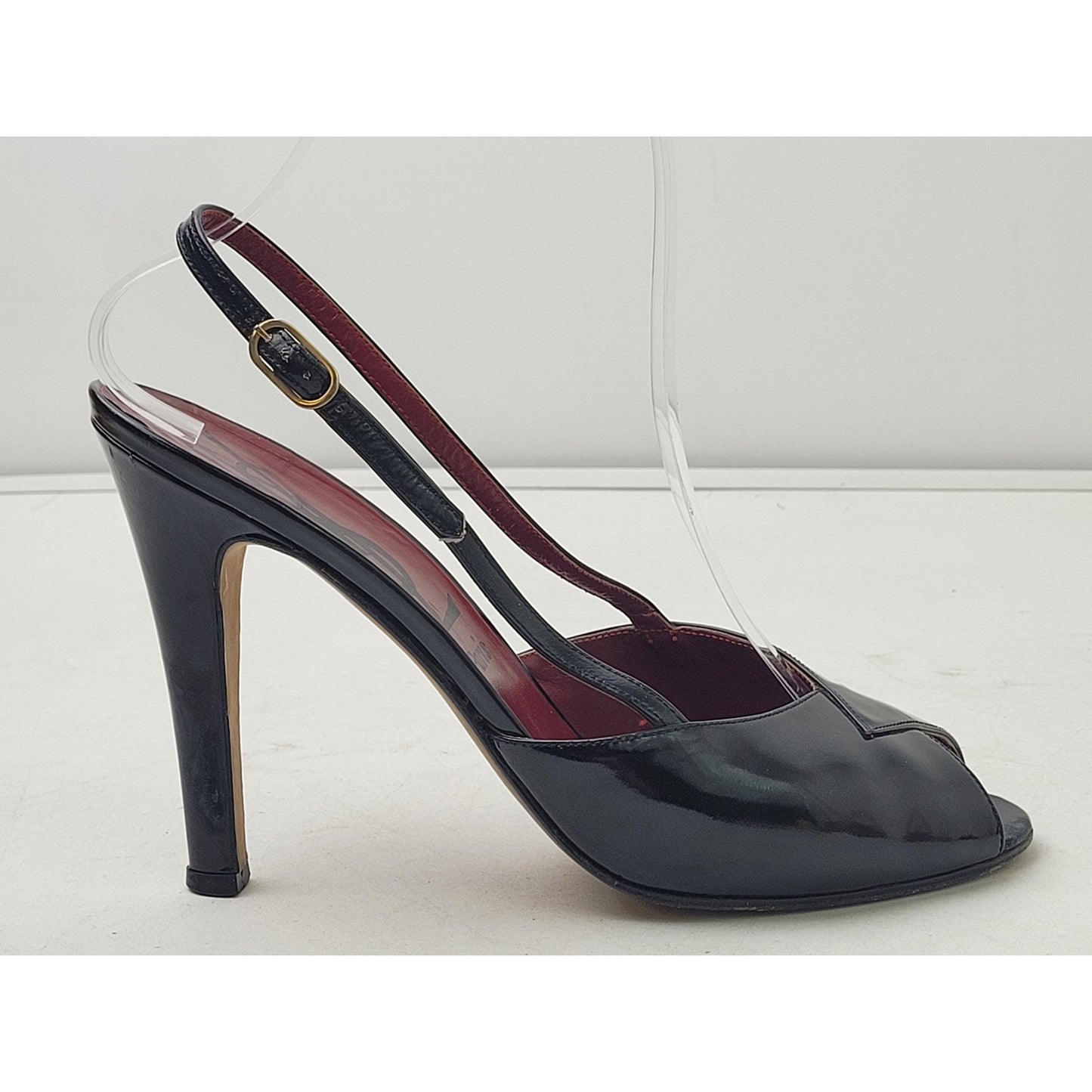 Vintage Yves Saint Laurent Black Patent Leather Peep-Toe Slingback Heels Sz 8