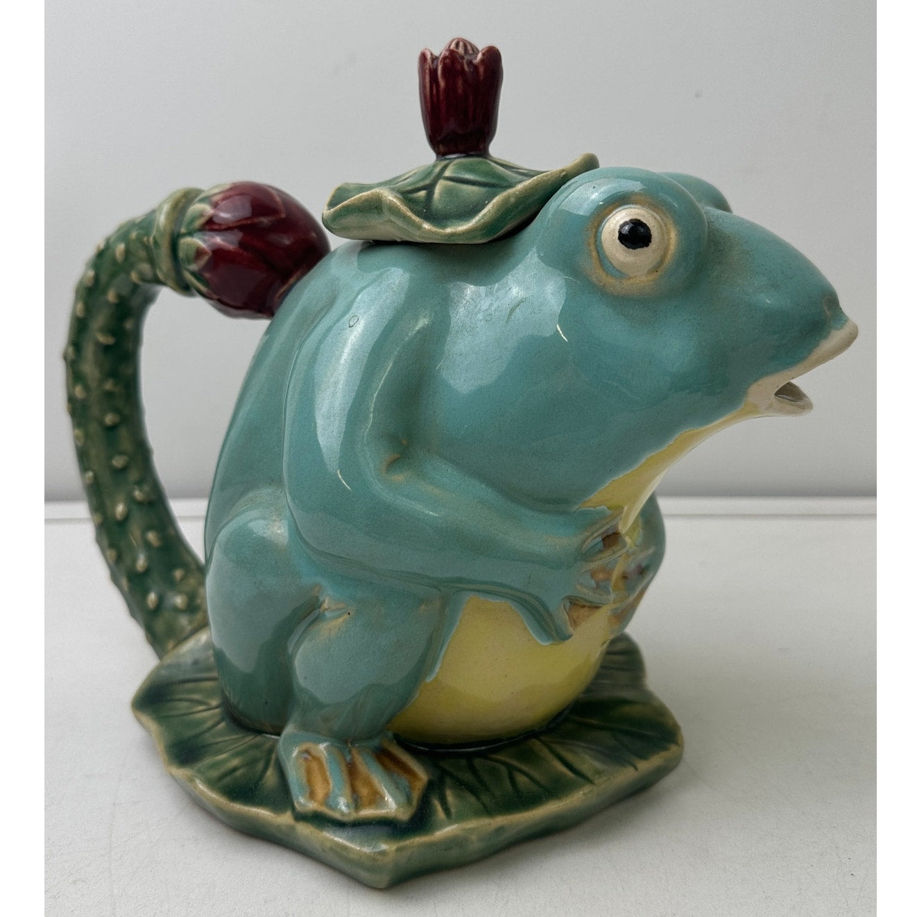 Vintage Henrikson Imports Majolica Frog Teapot, Creamer, & Sugar Bowl 3 Pc Set