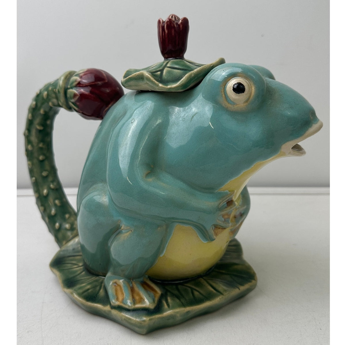 Vintage Henrikson Imports Majolica Frog Teapot, Creamer, & Sugar Bowl 3 Pc Set