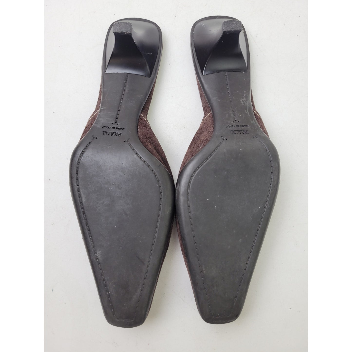 VTG PRADA Brown Suede Leather Mules Contrast Stitching Silver Hardware Sz 37.5