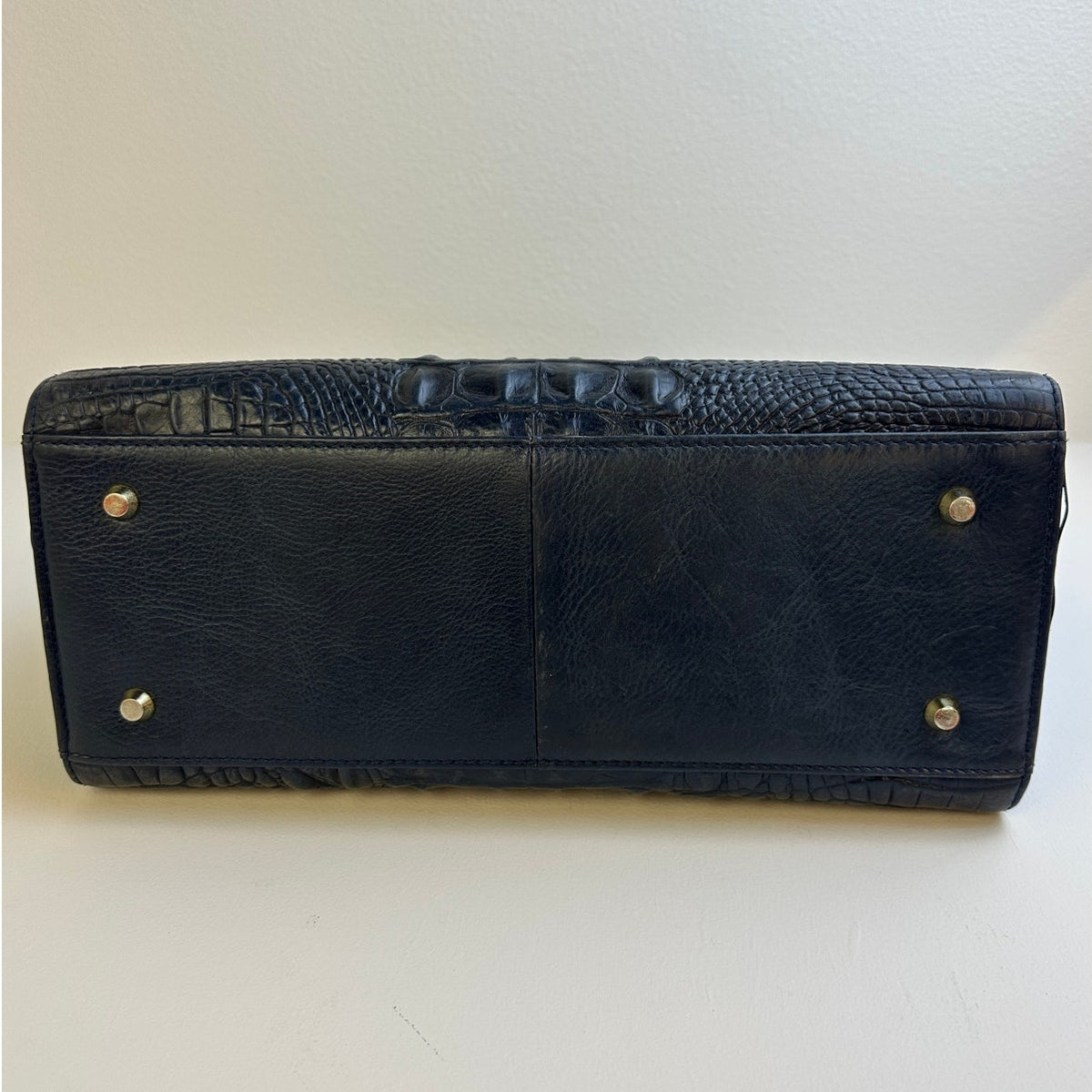 PIJUSHI Dark Blue Crocodile-Embossed Leather Satchel Bag with Gold Hardware