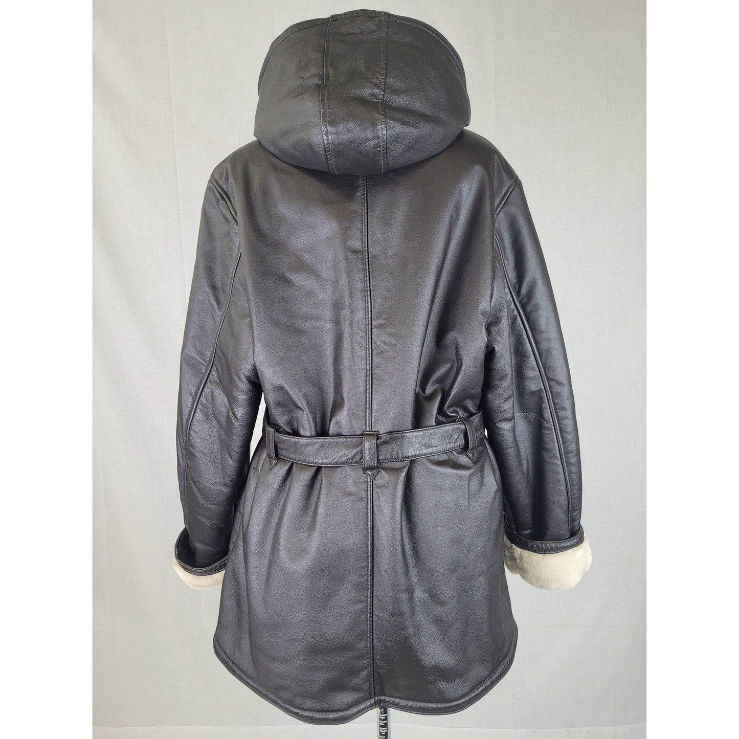 Wilsons Leather Coat Genevieve Belted Jacket Faux Fur Hooded Women's Sz 1X
