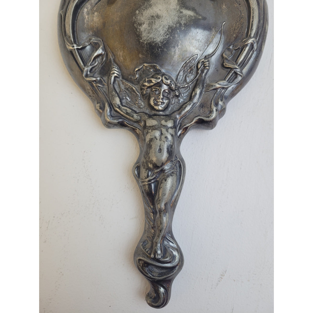 Antique Art Nouveau Silver-Plated Hand-Held Vanity Mirror Cupid & Arrow Design