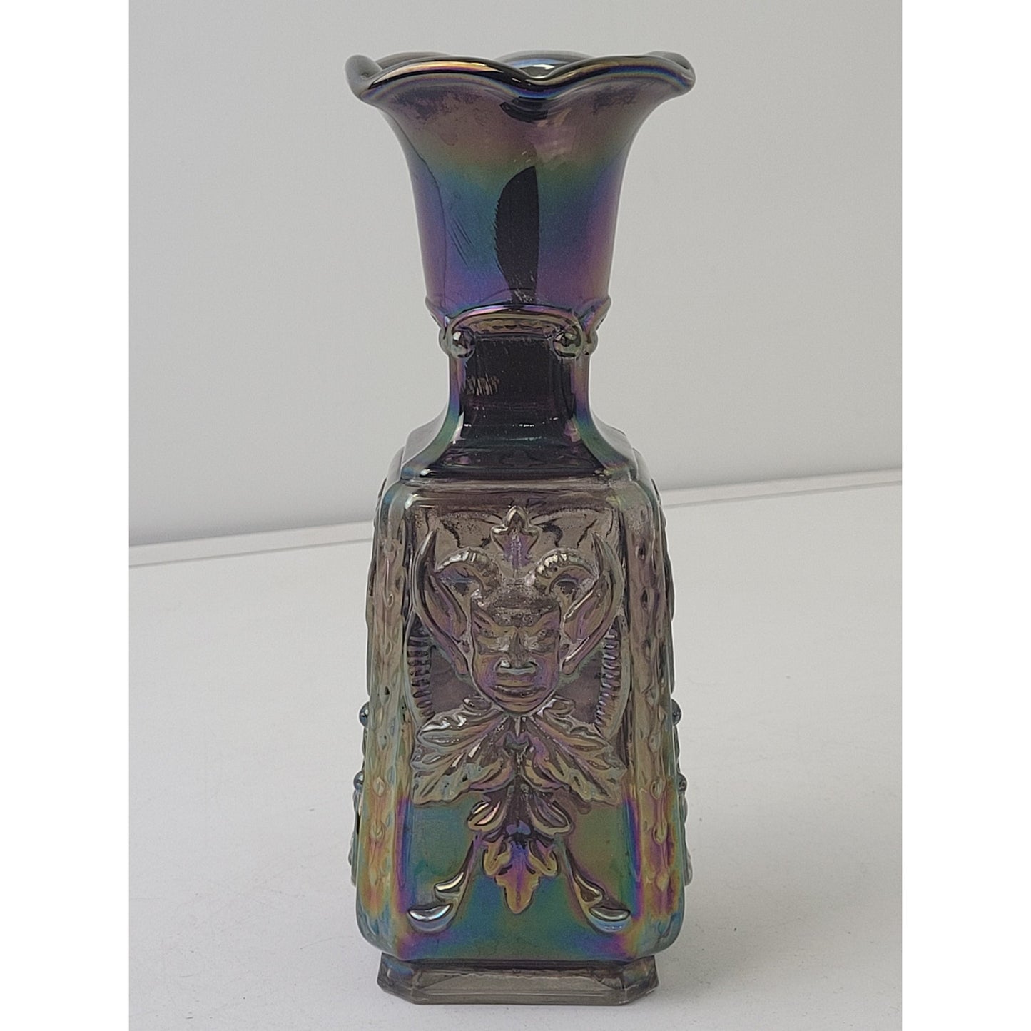 Vintage Amethyst Carnival Glass Jester & Rose Pattern Square Vase EUC