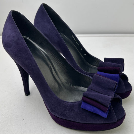 Stuart Weitzman "Back Page" Purple Suede Peep Toe Platform Pumps Women's Sz 8