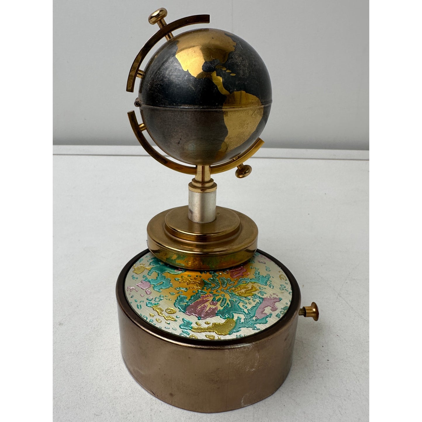 Vintage Mid-Century Brass Spinning Music Box Globe Table Lighter