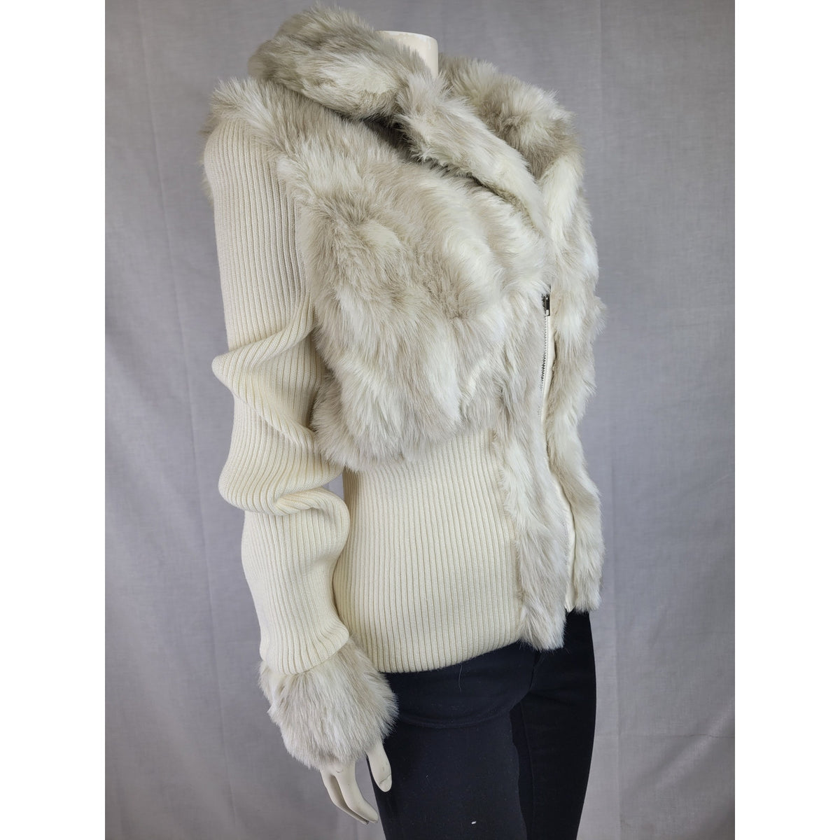 Y2K Boston Proper Faux Fur Ribbed Knit Sweater Jacket Women's Sz L
