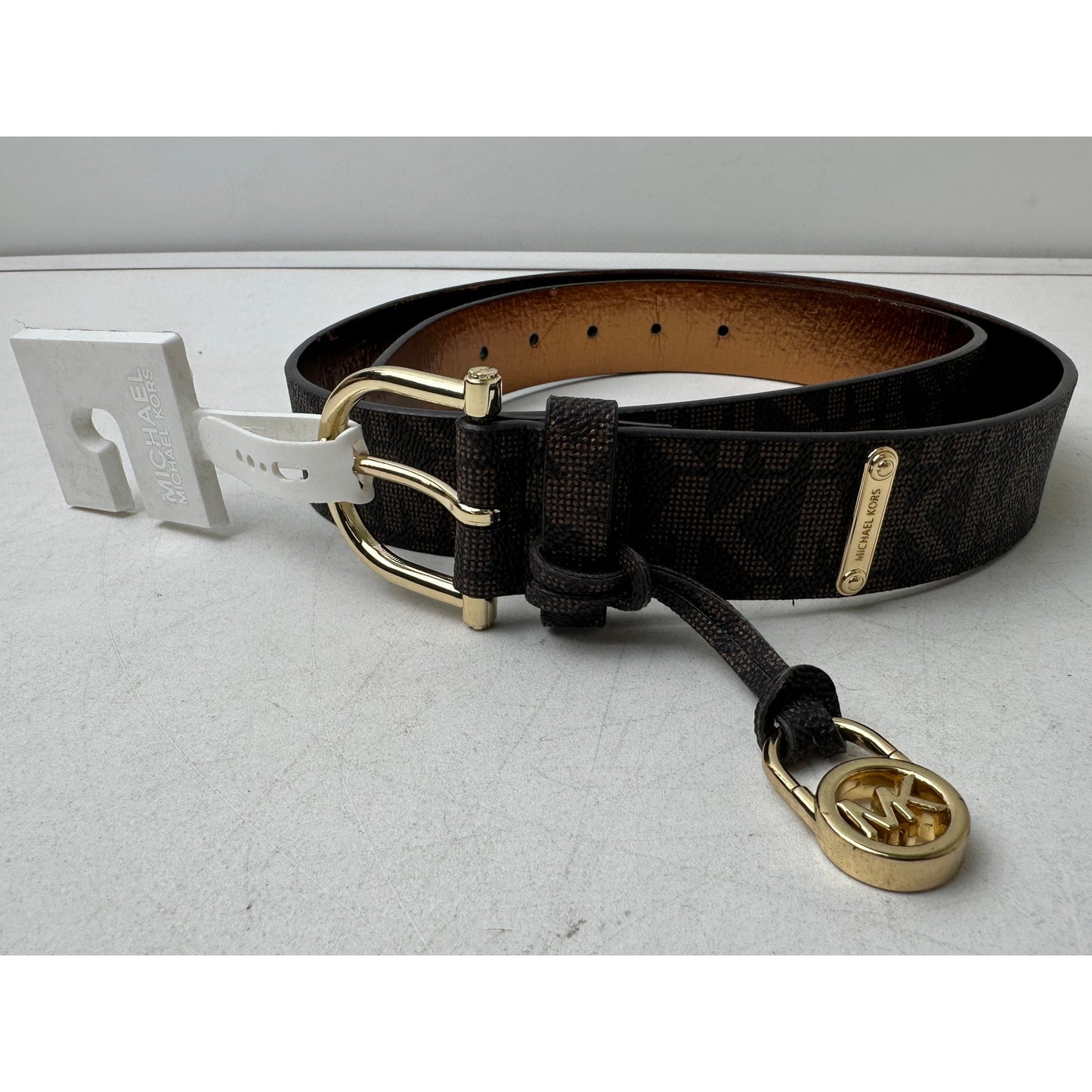 Michael Kors Signature Monogram Brown Belt W/ Gold Hardware Women's Sz L NWT