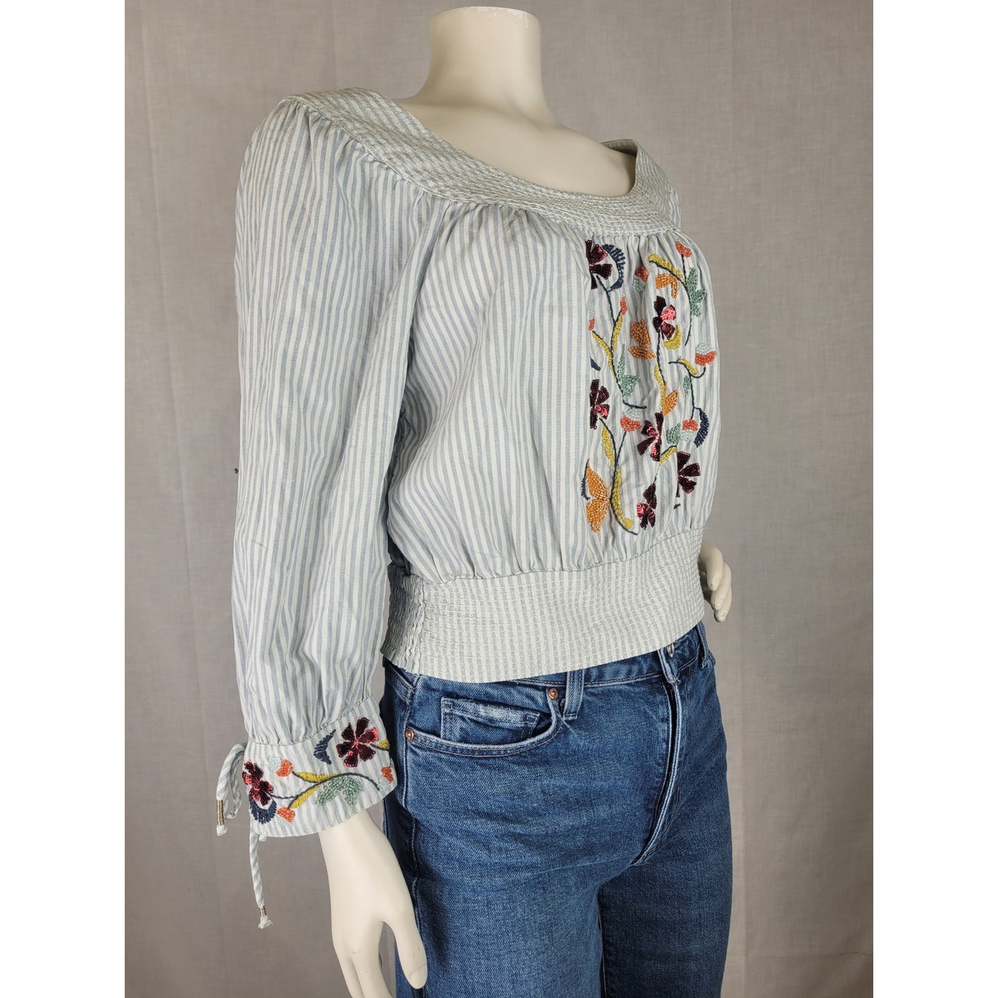 Anthropologie Beaded Bracelet Sleeved Peasant Blouse Blue & White Striped Sz S