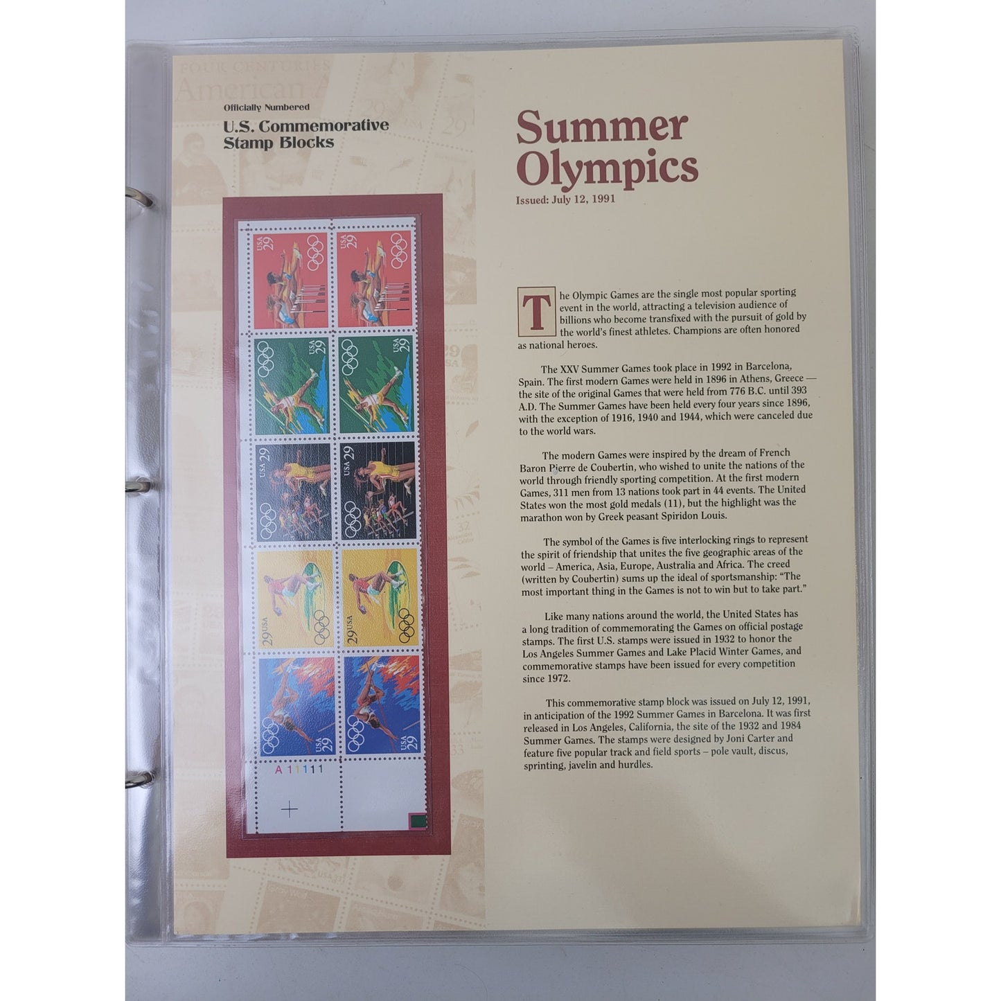 Vintage 1990-1999 Officially-Numbered U.S. Commemorative Stamp Blocks Album