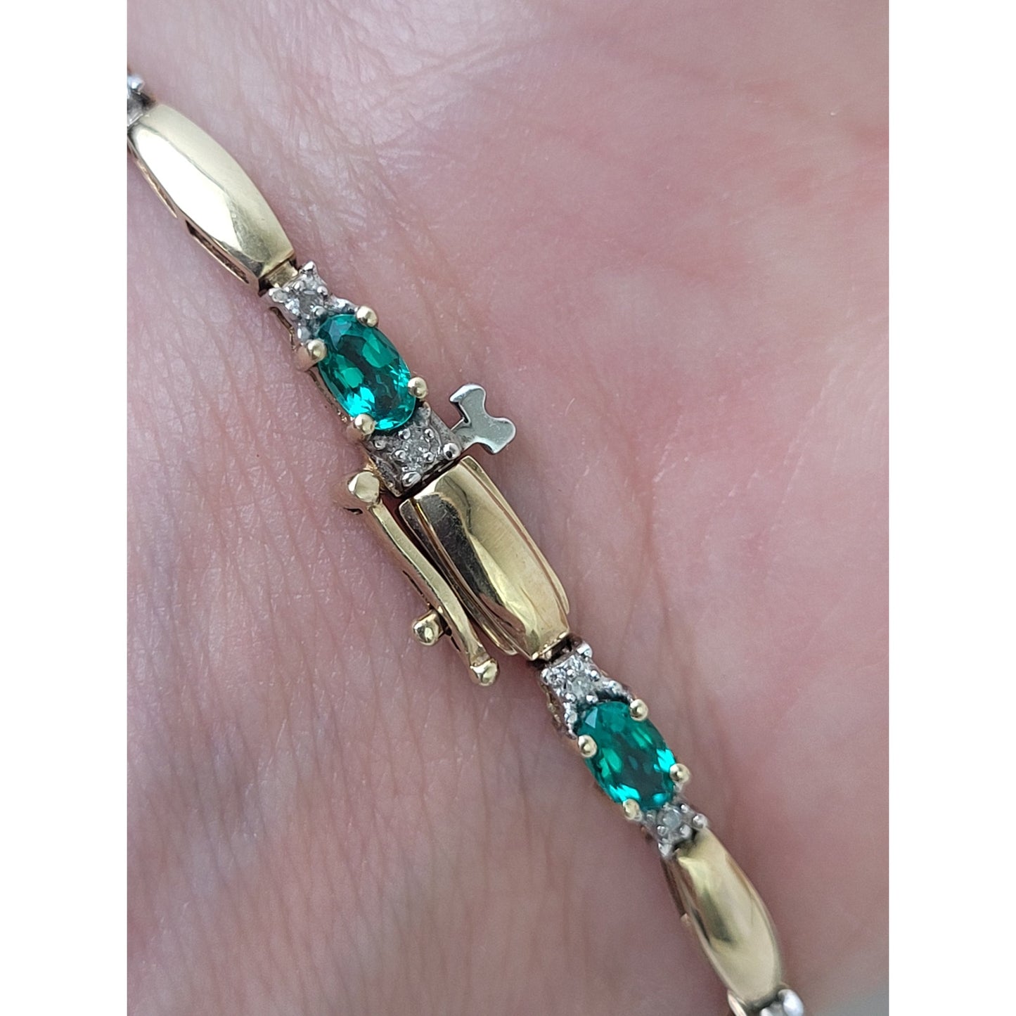 10K Yellow Gold 7" Tennis Bracelet Lab-Created Emeralds & Authentic Diamonds