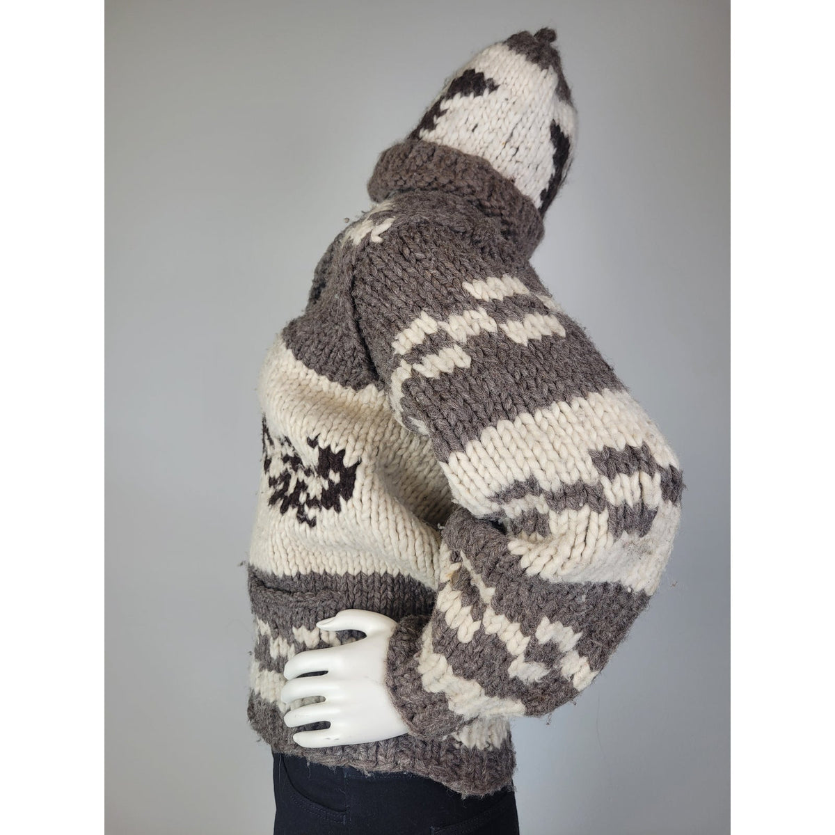 Vintage Heavy-Knit Wool Cowichan Style Zip-Up Sweater w Matching Toque Sz XS