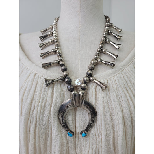 Vintage Native American Navajo Squash Blossom Sterling Silver Turquoise Necklace