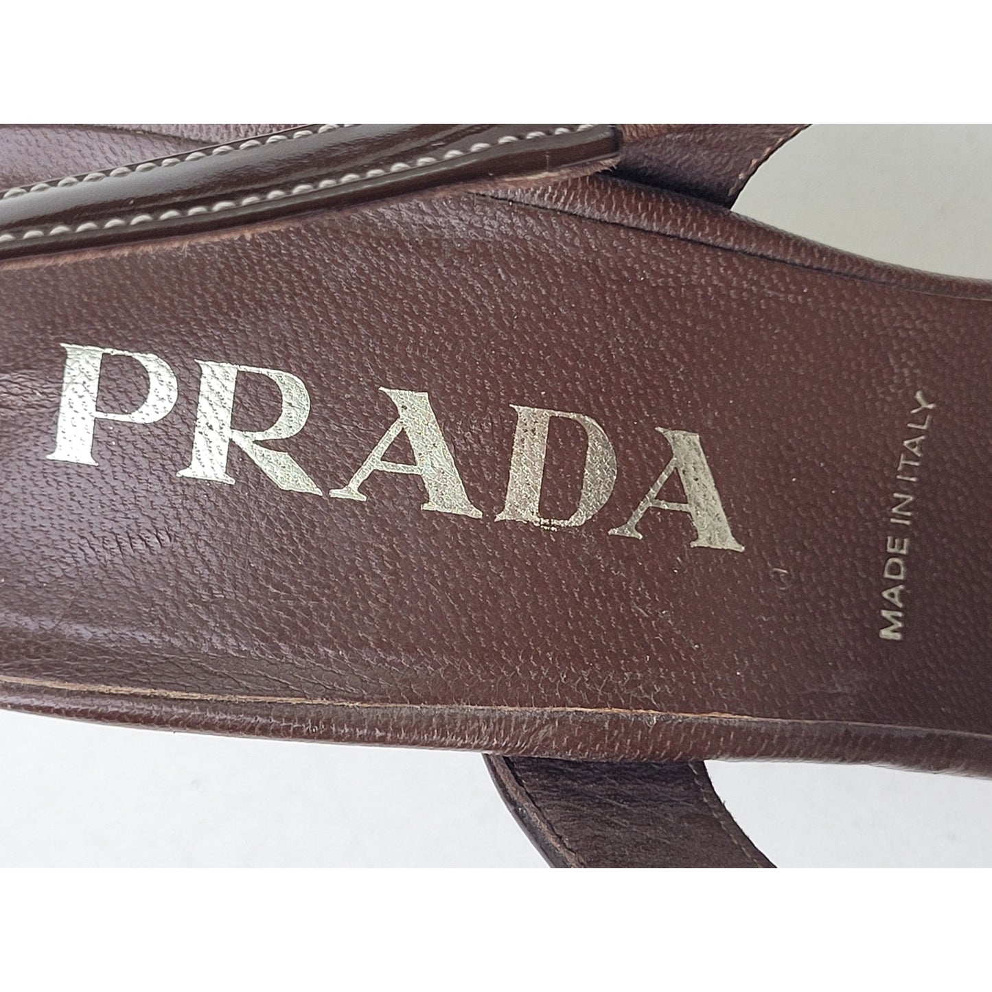 PRADA Brown Patent Leather Strappy Wooden Block Heels Sz 37.5/7 | Made in Italy