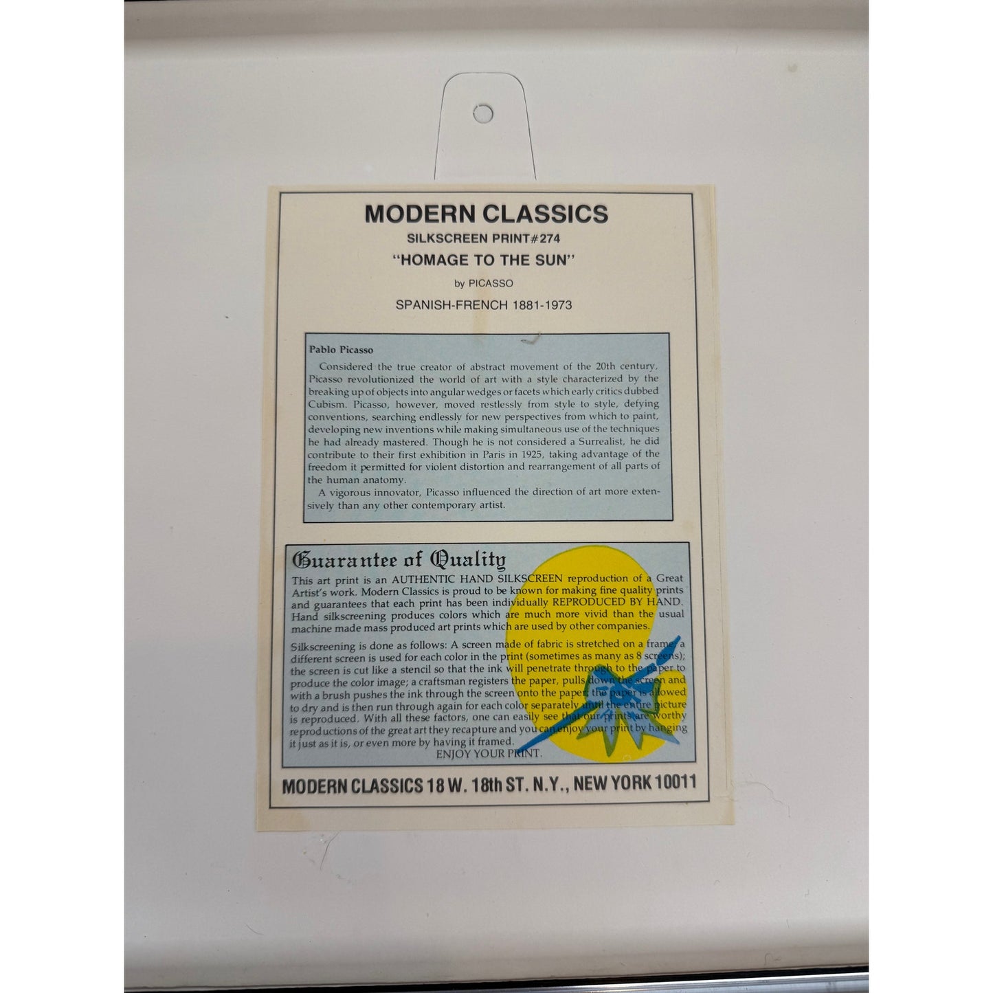 Authentic Hans Silkscreen Reproduction of Picasso's "HOMAGE TO THE SUN" & "DOVE III"