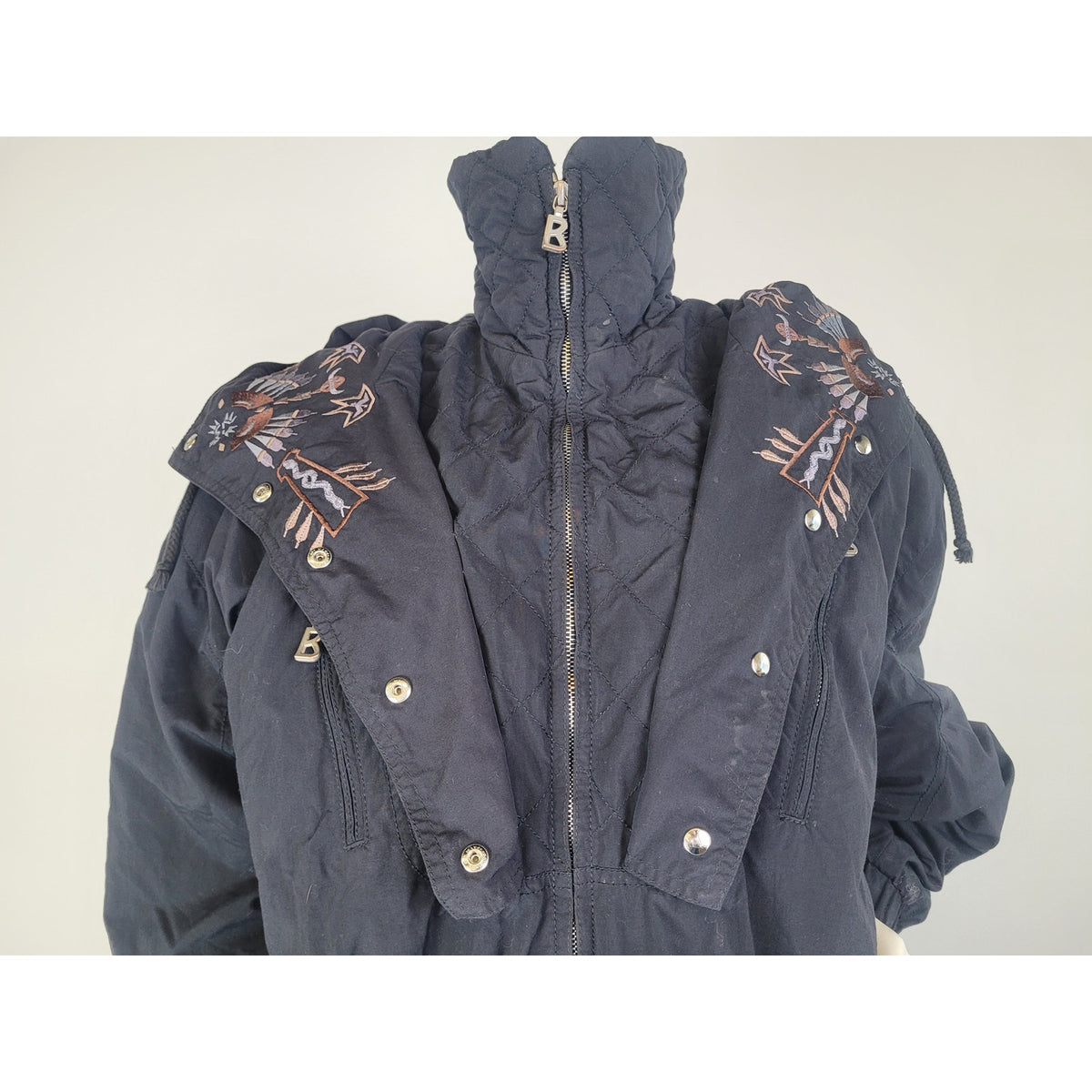 Vintage Bogner Black Ski Parka Coat w Southwestern Embroidery Women's Sz 8 (M)
