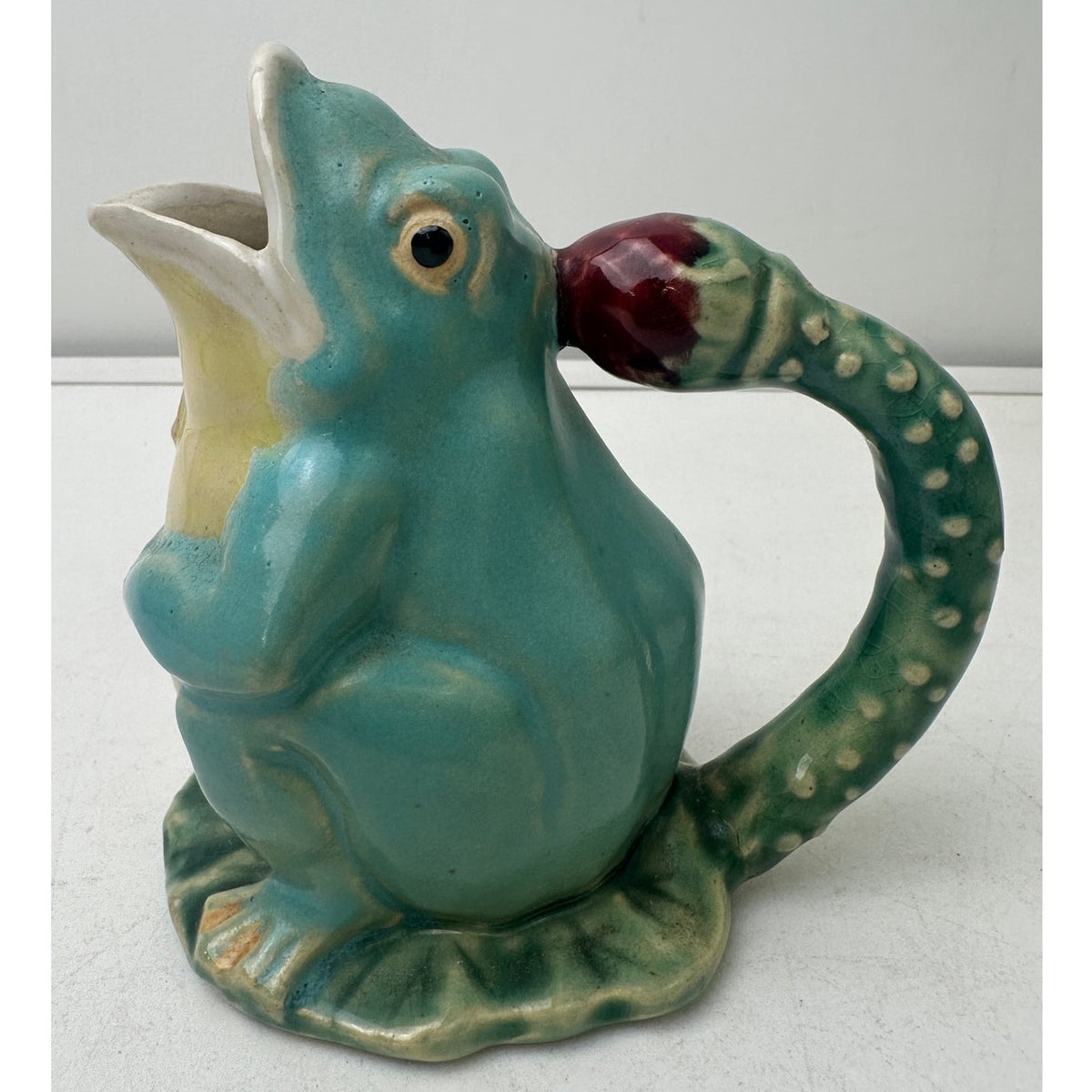 Vintage Henrikson Imports Majolica Frog Teapot, Creamer, & Sugar Bowl 3 Pc Set
