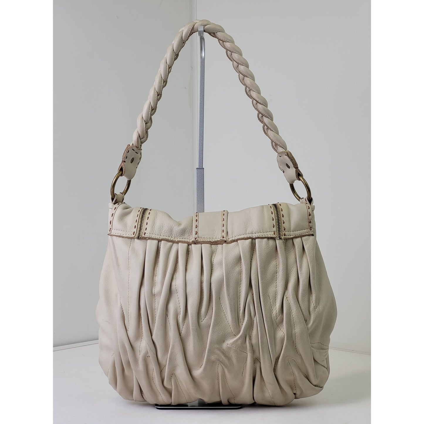 PER SE Designer Look Ivory Leather Hobo Medium Shoulder Bag